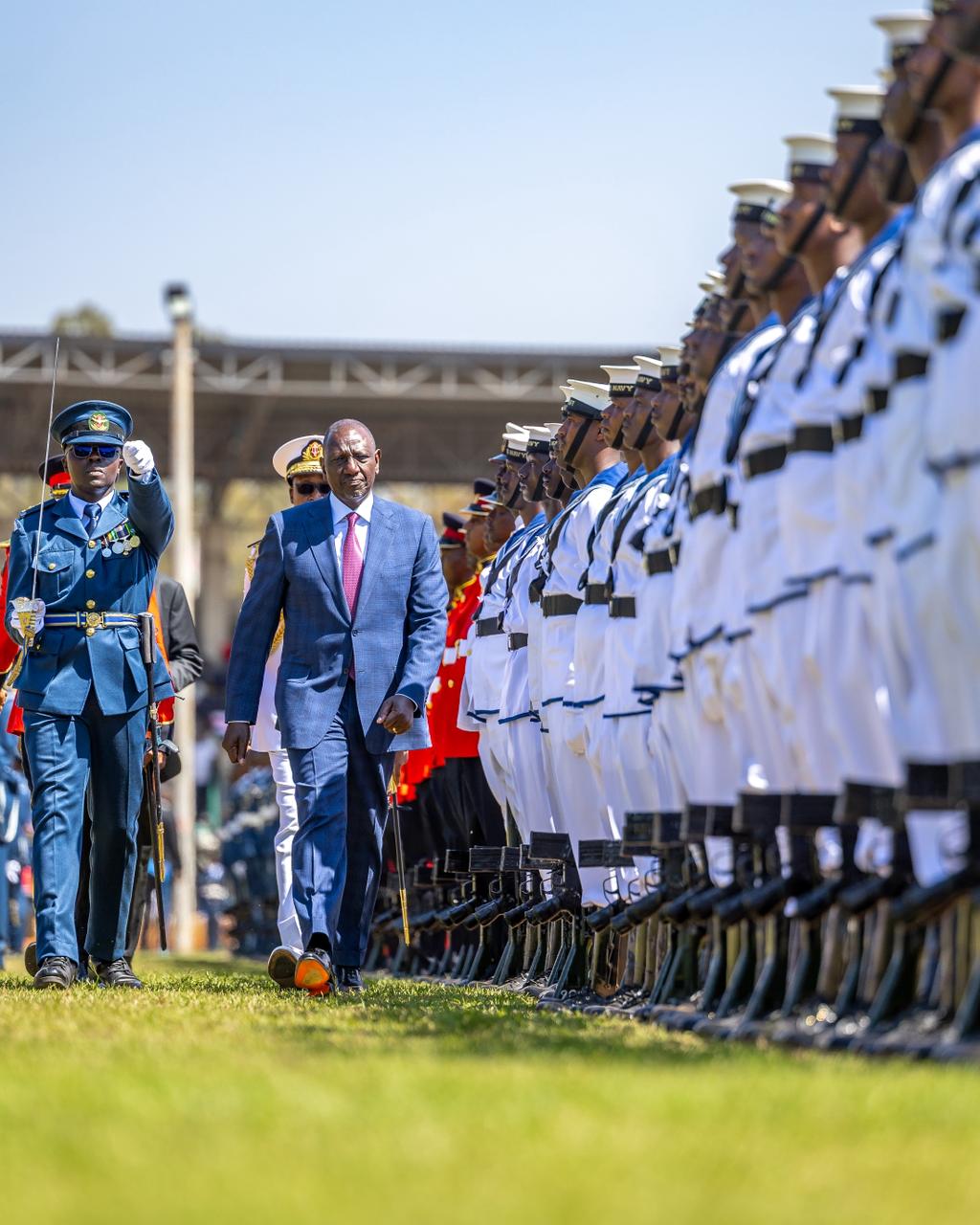 President William Ruto inspecting a guard of honour during Mashujaa Day celebrations/Kevin Macharia/DPCS
