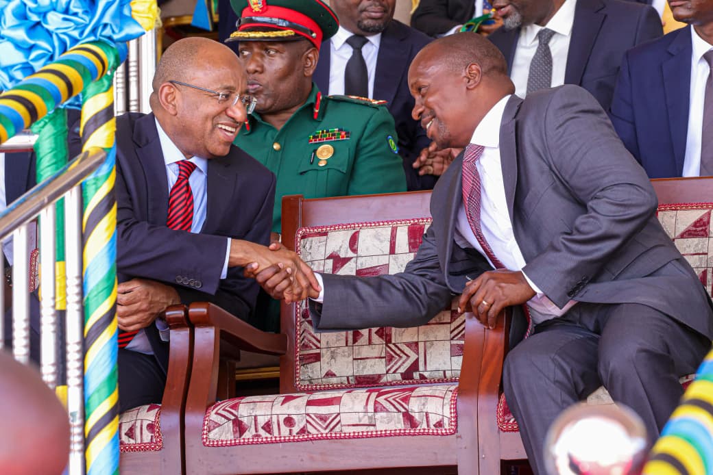 Deputy President Kithure Kindiki with Zanzibar President Hussein Mwinyi at the inauguration of President Samia Suluhu Hassan in Dodoma on Monday./DPCS
