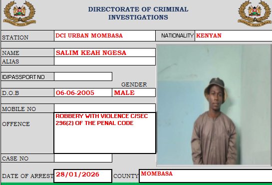 DCI arrests Mombasa robbery suspect seen attacking guard on CCTV