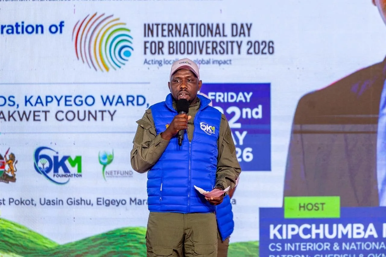Interior CS Kipchumba Murkomen speaking during the launch of the Cherangany Hills Ecosystem Restoration for Livelihood Improvement, Sustainability and Harmony (CHERISH) at Tebe Grounds, Kapyego Ward, Elgeyo-Marakwet County, on Friday, May 22, 2026. PHOTO/DPCS