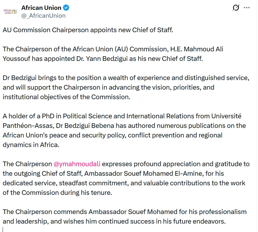 The press release announcing the appointment of Dr Yann Bedzigui as AUC Chief of Staff. PHOTO/AU