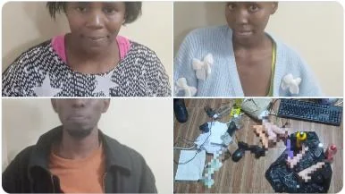Three suspects arrested in Nairobi by the Directorate of Criminal Investigations (DCI) and the Transnational Organized Crime Unit (TOCU) in connection with an alleged online sexual exploitation syndicate. PHOTO/SCREENGRAB