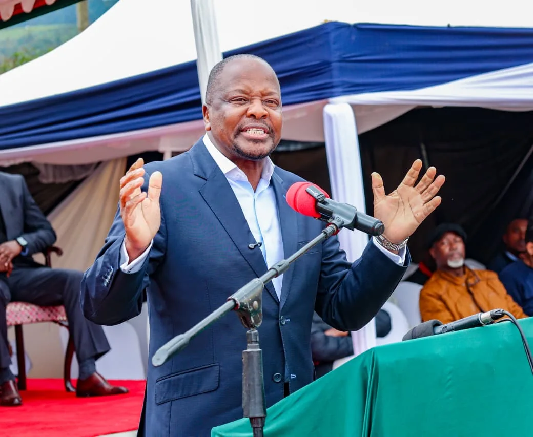 Agriculture and Livestock Development Cabinet Secretary Mutahi Kagwe speaking during the handover of a Sh360 million Japanese-funded Sencha green tea processing factory at Kangaita Tea Factory in Kirinyaga County. PHOTO/HANDOUT