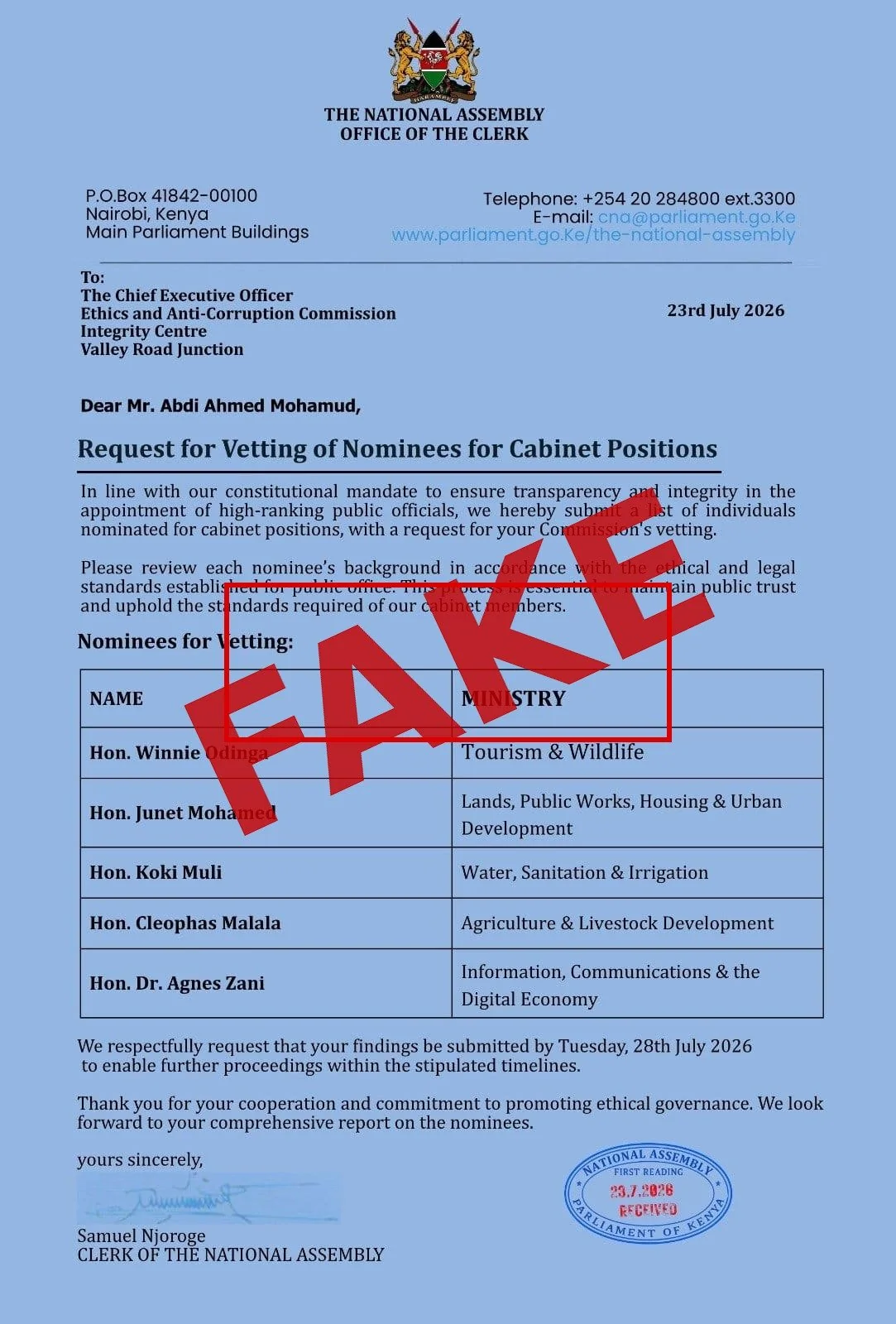 EACC flags viral cabinet nominees letter as fake