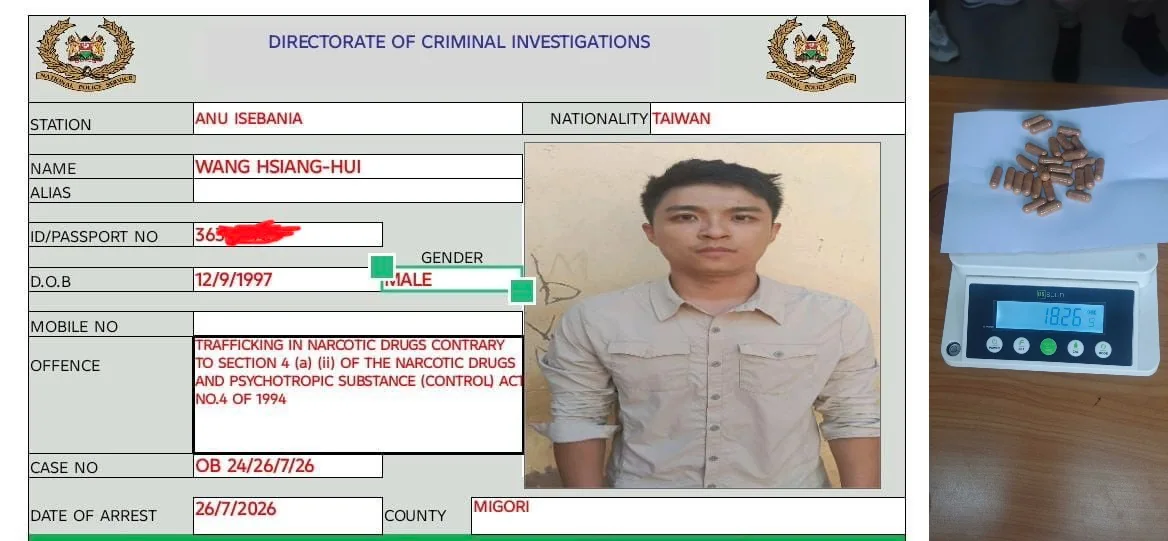 Taiwanese national arrested at Kenya-Tanzania border with 26 heroin capsules