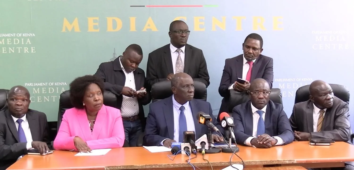 Nyanza Members of Parliament, led by Seme MP and National Assembly Committee on Health Chairperson Dr. James Nyikal (C), address the media during a press briefing in Parliament on 26th August, 2026. PHOTO/DAVID BOGONKO NYOKANG'I