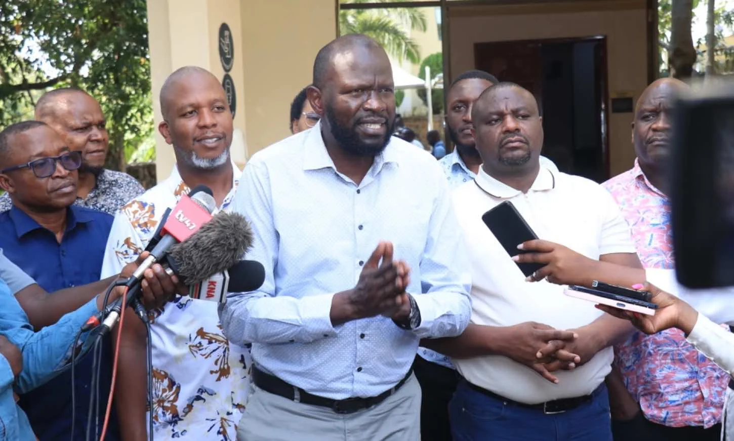 The Chairperson, National Assembly Committee on Governance and Education, Dickson Maungu (C) leading other MPs of the committee during a press briefing in Kisumu on August 3, 2026. PHOTO/DAVID BOGONKO NYOKANG'I