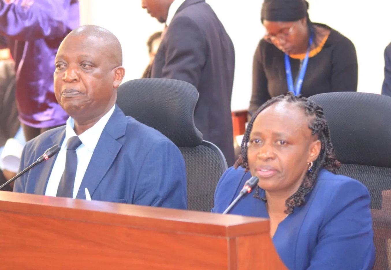 Mang'u High School Chief Principal Bernard Kingah, alongside Chief Finance Officer Anne Paul, appears before the National Assembly Committee on Governance and Education in Parliament on September 16, 2026. PHOTO/DAVID BOGONKO NYOKANG'I.