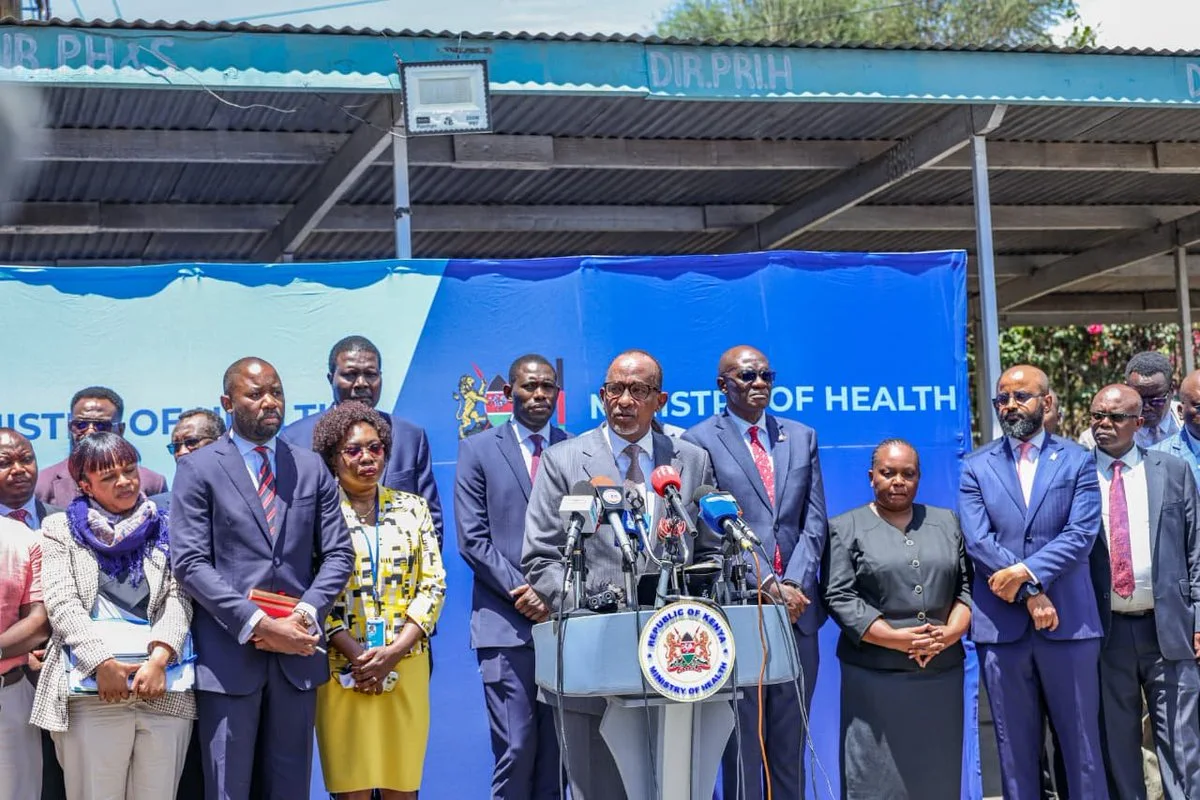 Health Cabinet Secretary Aden Duale flanked by ministry officials, addressing the media at Afya House, Nairobi, on October 6, 2026