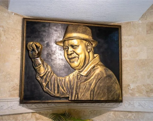 An artwork of the late former Prime Minister Raila Odinga displayed inside the Raila Odinga Mausoleum at Kang’o ka Jaramogi in Bondo, Siaya County.