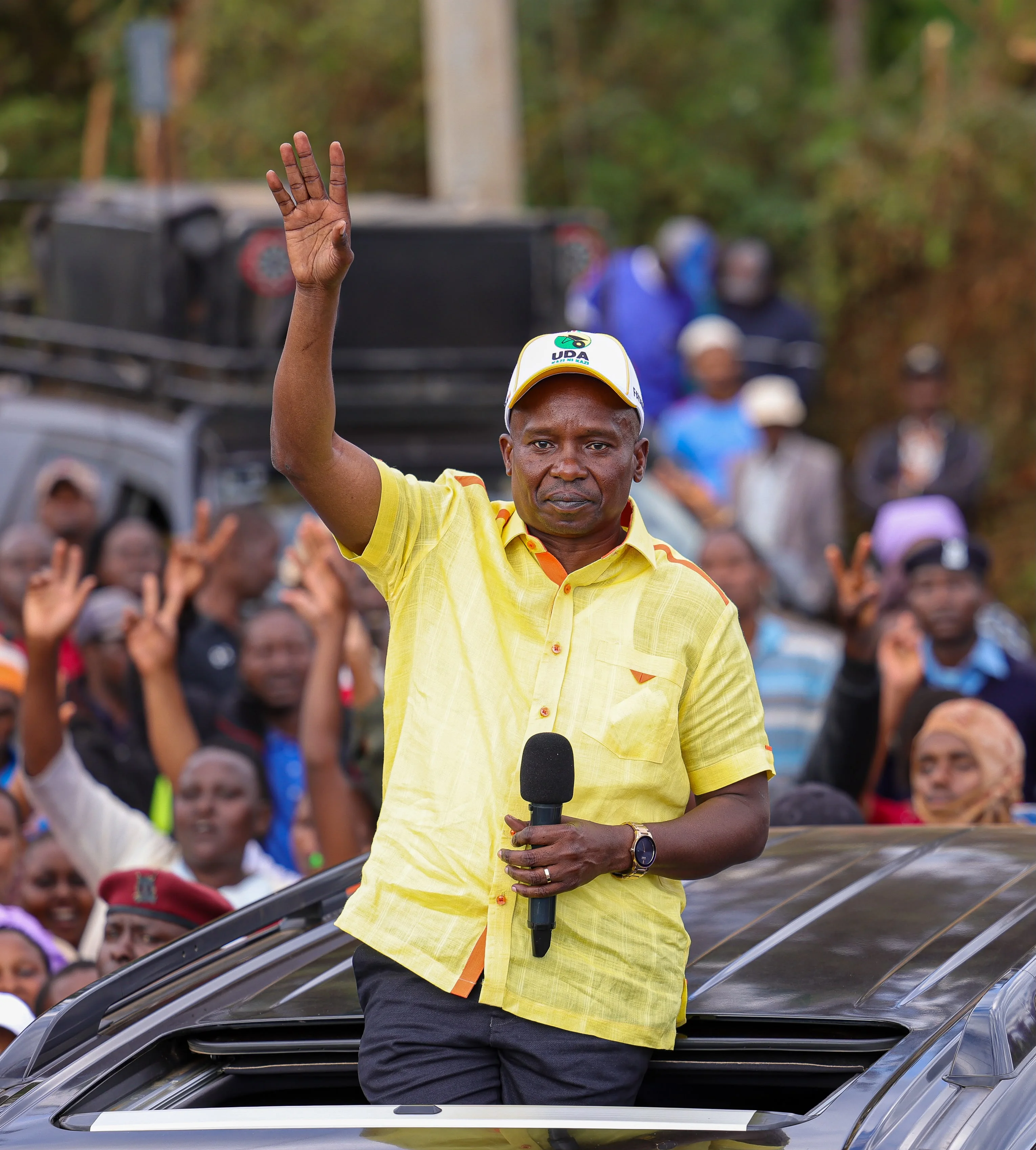 Deputy President Kithure Kindiki speaking during a public engagement rally at Kinyona Shopping Centre in Kigumo Constituency on October 9, 2026.