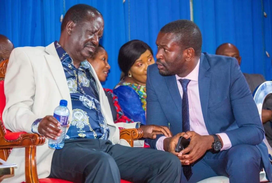 File image of the late ODM party leader Raila Odinga with then Secretary General Edwin Sifuna at a past function.