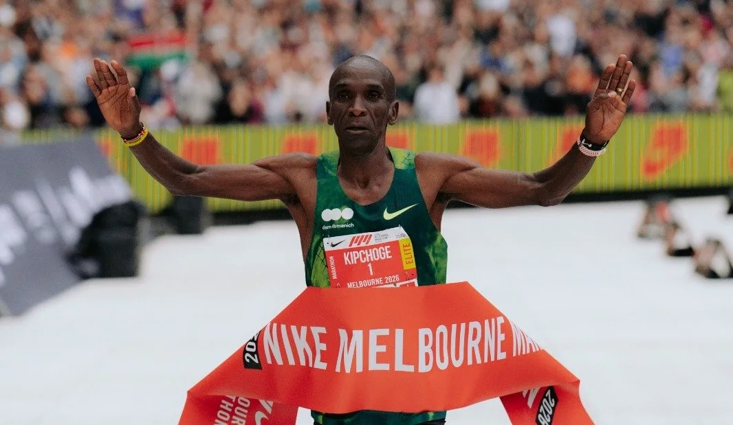 Kenya's Eliud Kipchoge crosses the finish line at the Melbourne Marathon on October 11, 2026