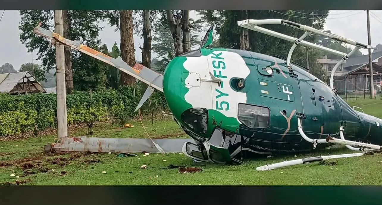A Kenya Forest Service helicopter that reportedly crashed at Kericho Golf Club in Kericho County on October 12, 2026.