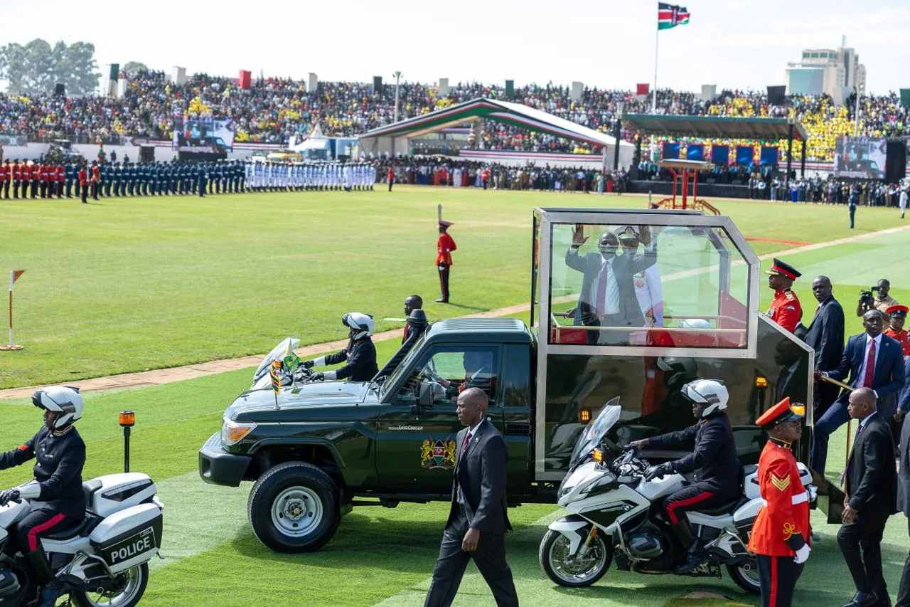 President William Ruto takes a lap of honour in the ceremonial Toyota Land Cruiser inside Kipchoge Keino Stadium ahead of the 63rd Mashujaa Day Celebrations, Eldoret, Uasin Gishu County on October 20, 2026