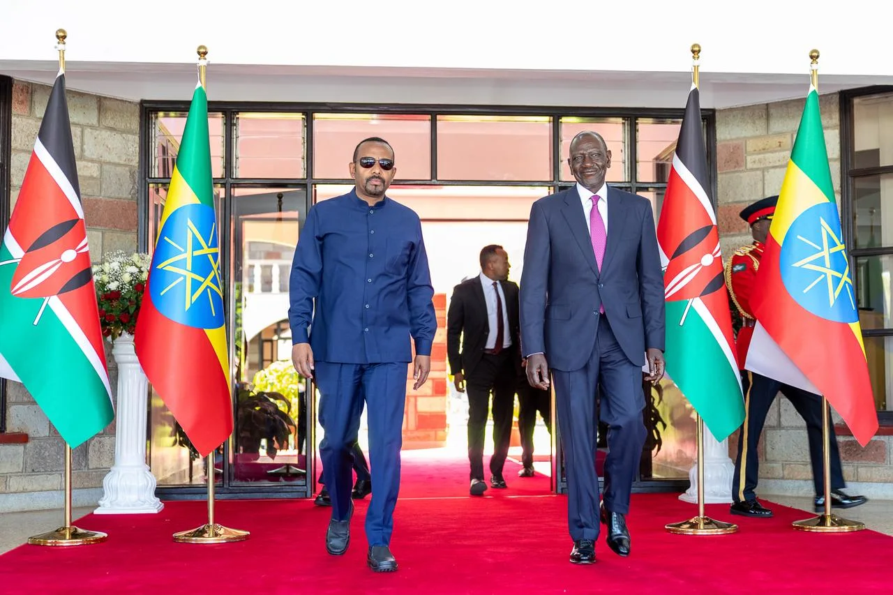 Ethiopian Prime Minister Abiy Ahmed (L) with President William Ruto during Mashujaa day 2026 celebrations in Eldoret, Uasin Gishu County on October 20, 2026
