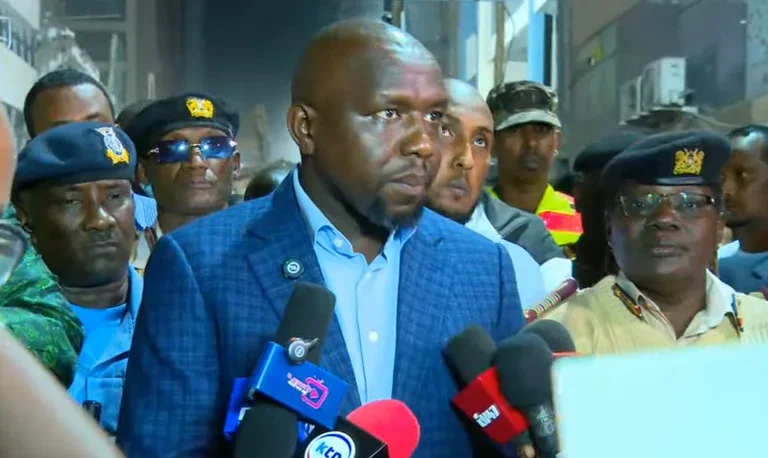 Interior Cabinet Secretary Kipchumba Murkomen addressing the press at the scene of the Eastleigh building collapse in Nairobi on Friday, October 23, 2026.