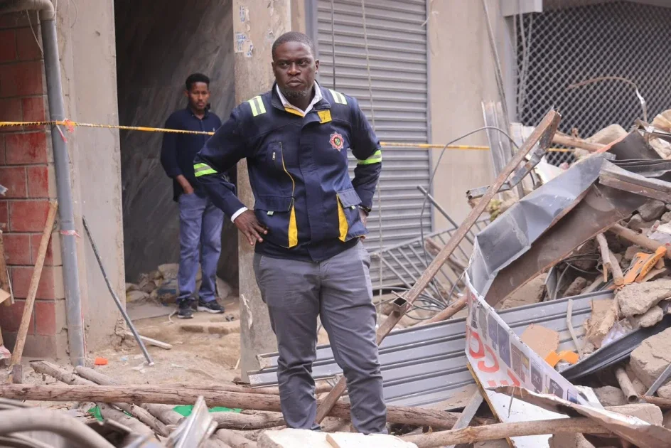 Nairobi Governor Johnson Sakaja at the scene of a collapsed building in Eastleigh, Nairobi on October 23, 2026.