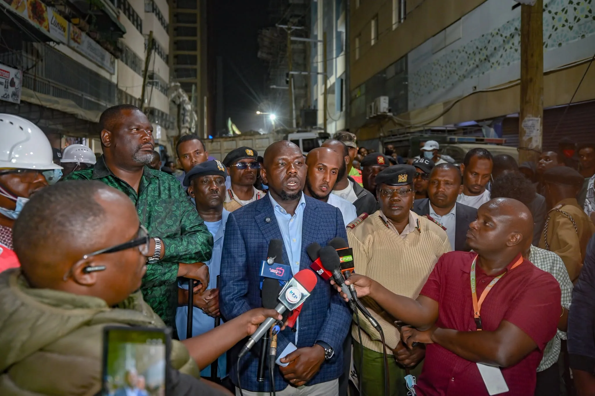 Interior Cabinet Secretary Kipchumba Murkomen addressing the press at the scene of the Eastleigh building collapse in Nairobi on Friday, October 23, 2026