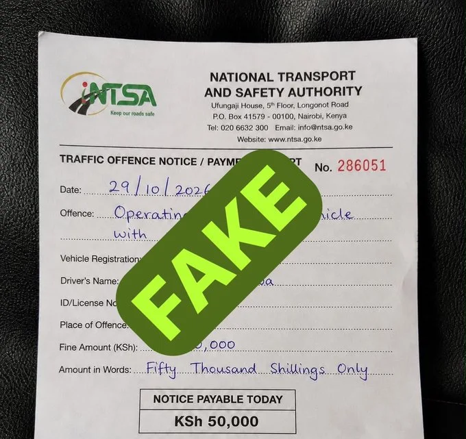 Counterfeit traffic offence notice bearing NTSA