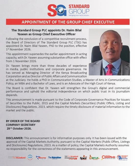 Notice showing appointment of Dr Naim Bilal Yaseen