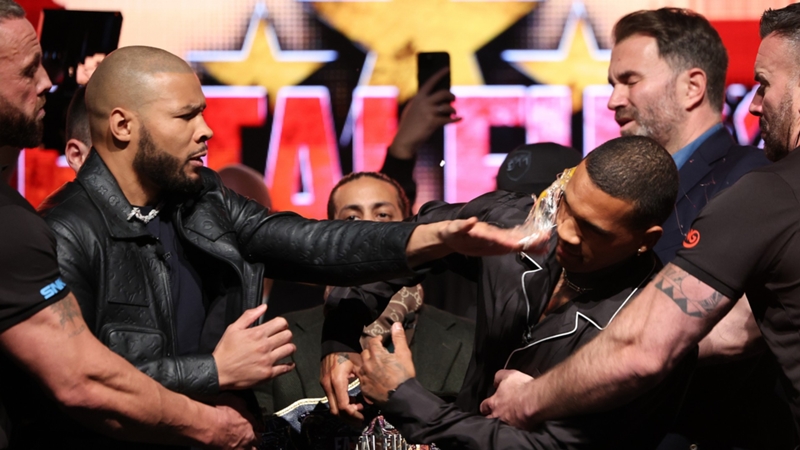 Chris Eubank Jr (L) slaps opponent Conor Benn with an egg. PHOTO/DAZN