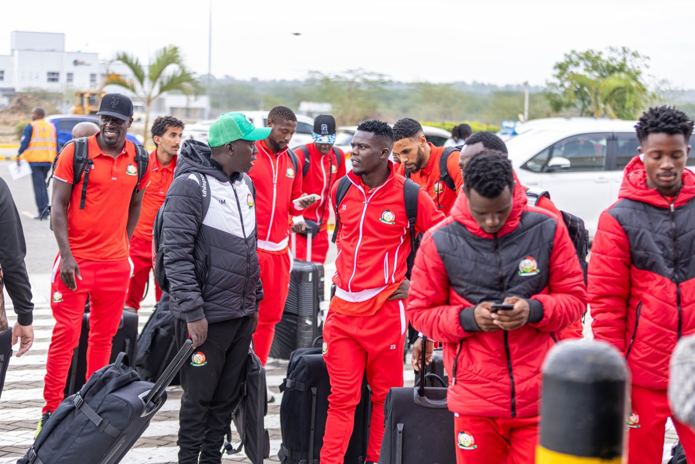 Harambee Stars players at the JKIA heading to the Ivory Coast on Tuesday, March 18. PHOTO/Harambee Stars X