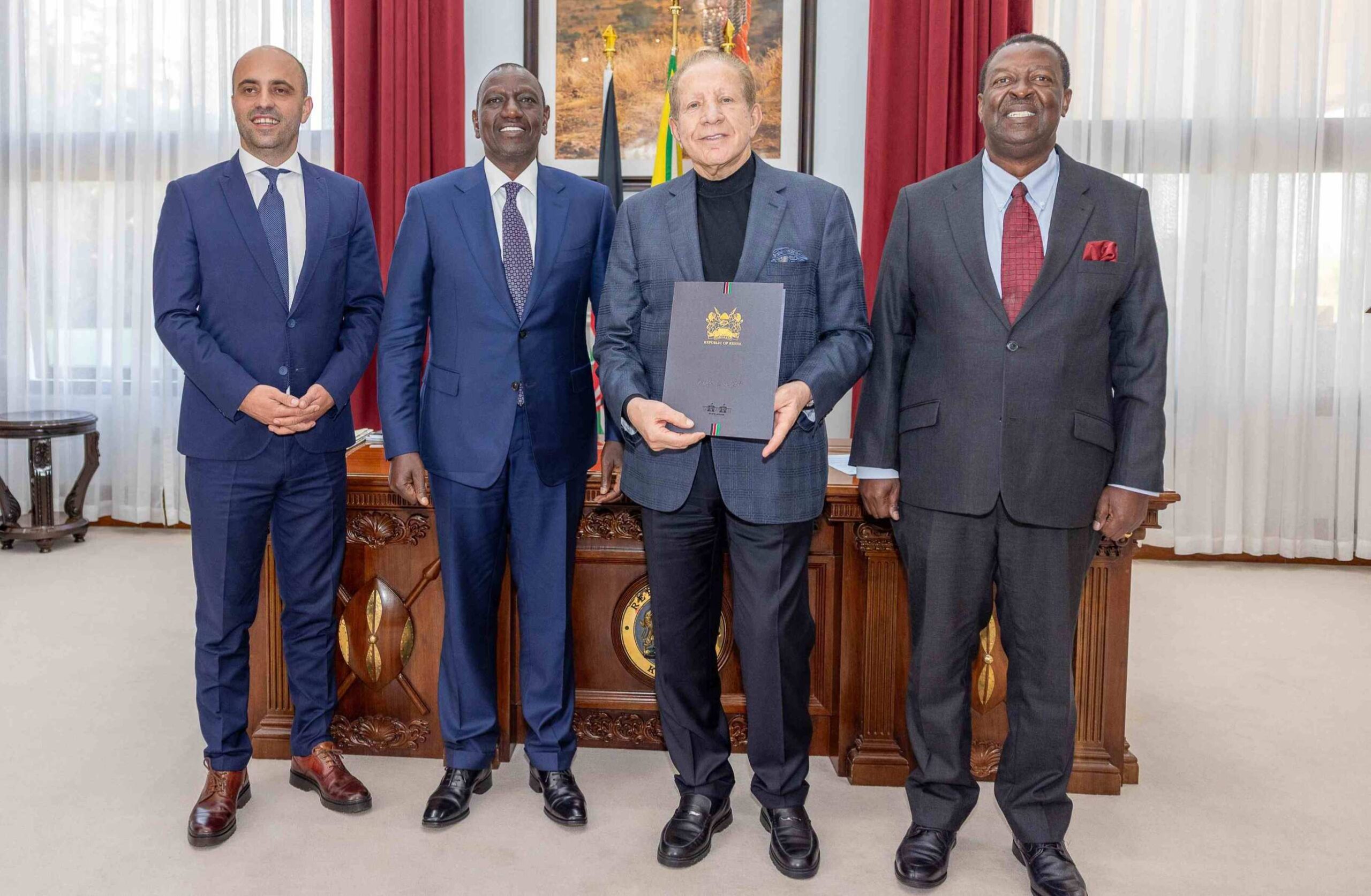 Kosovo’s Special Envoy Behgjet Pacolli (second from right), President William Ruto (second from left), and Prime CS Musalia Mudavadi at State House Nairobi. PHOTO/PCS