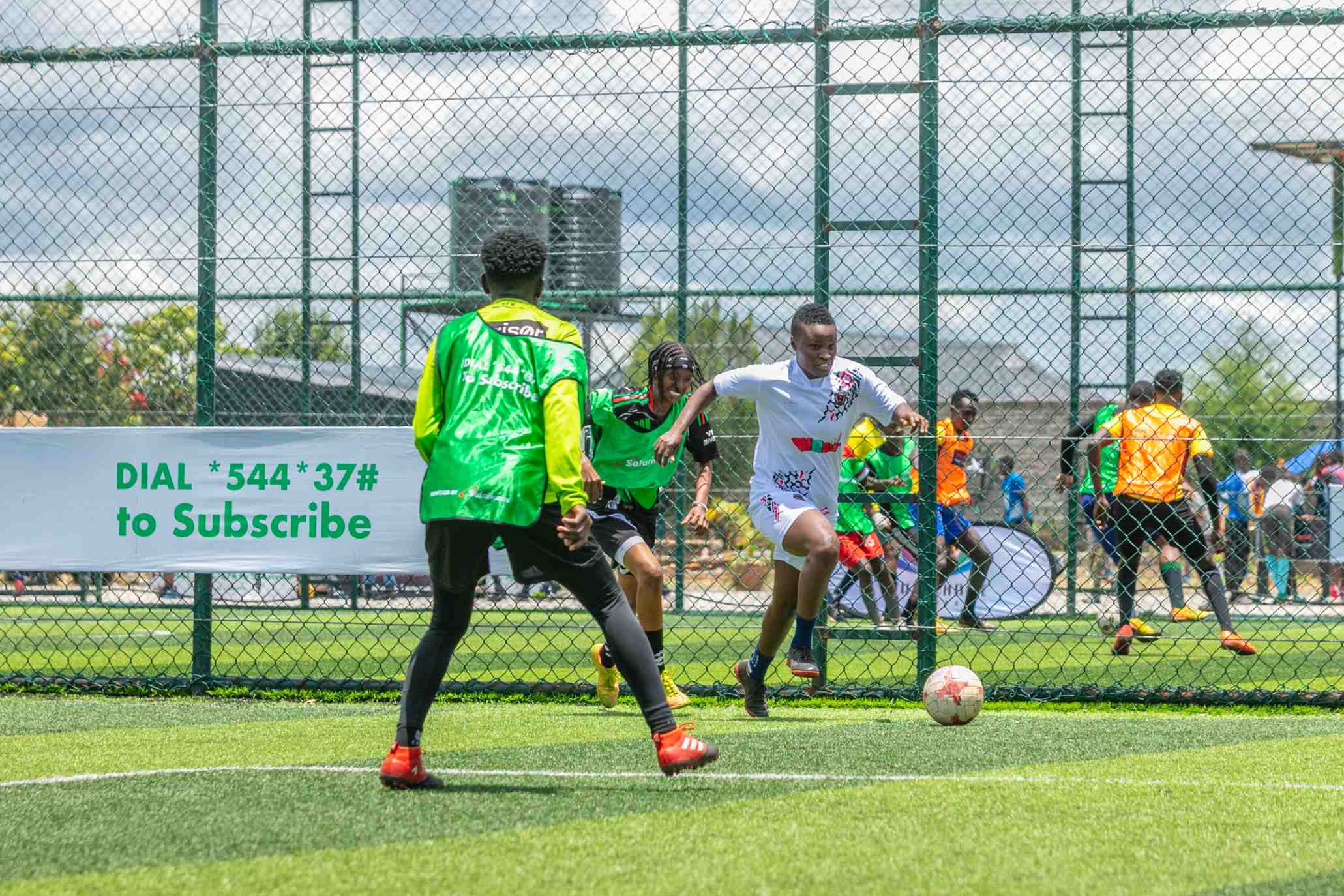 Partcipants of the Safaricom-Showmax Football Tournament at Goal-Hub Turf in Kitengela.PHOTO/File