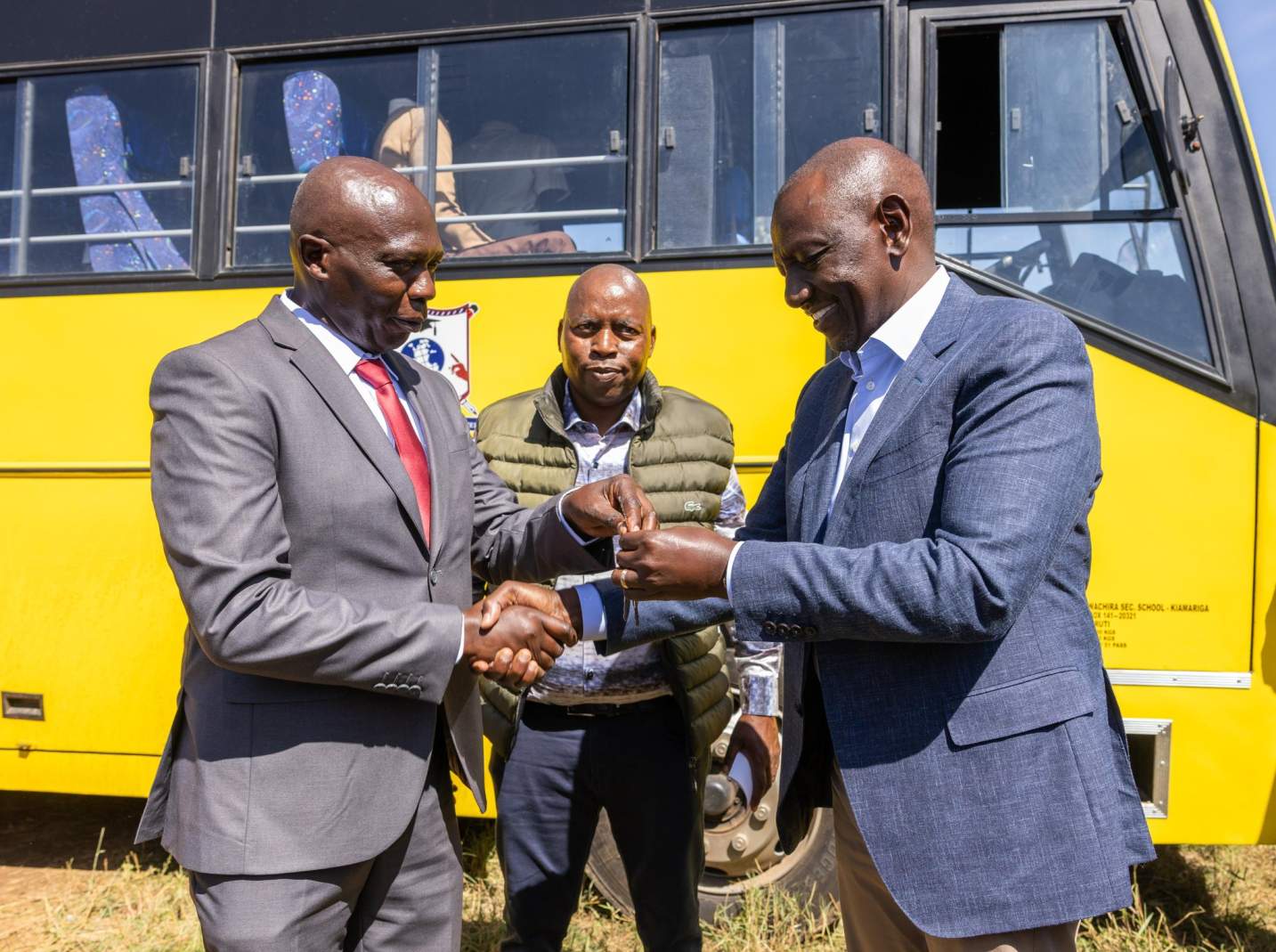 President William Ruto delivers a school bus to Dr Wachira Secondary School, Kiamariga during his tour of Laikipia on April,1, 2025. PHOTO/PCS