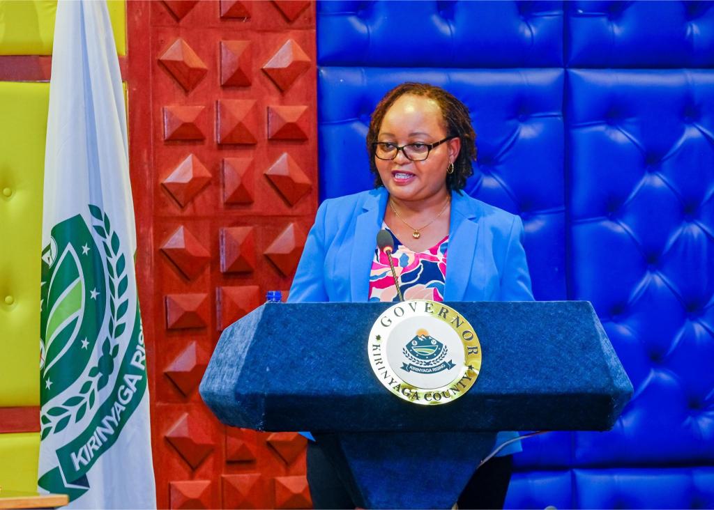 Kirinyaga Governor Anne Waiguru delivering the State of the County Address at the Kirinyaga County Assembly/HANDOUT
